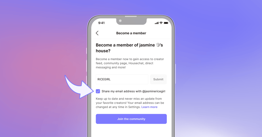 A phone screen against a colorful pink and blue background. A large arrow points to a checkbox on the screen that reads "Share my email address with @jasminericegirl."